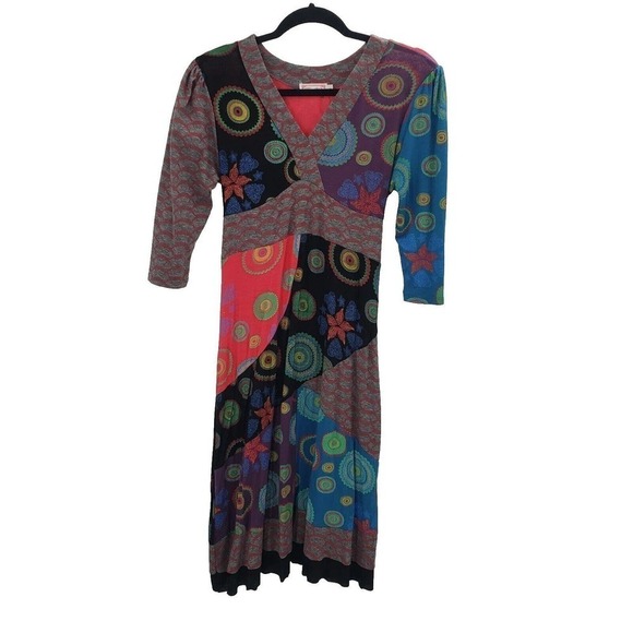 Pure Vida Small Knit Tie Back Dress Boho Peasant Patchwork Geometric V Neck - Picture 2 of 15